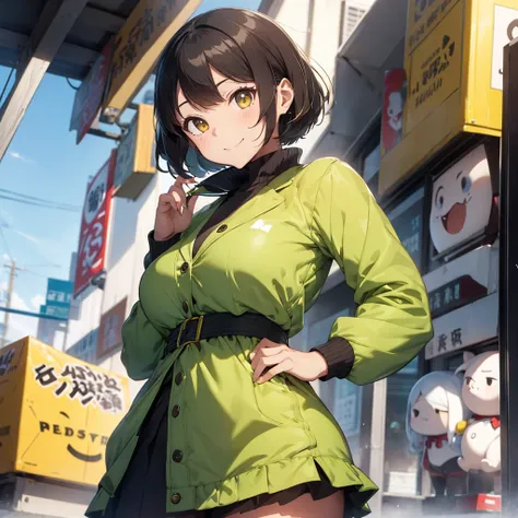 Chie Satonaka from Persona 4 in her classic outfit: a green jacket with yellow accents, a white shirt, and a black skirt, yellow eyes, glowing eyes
Make her pose more flirtatious,sexy confident. Solo girl, 1 girl, A little bit chubby,curvy and thicc, 
Smug...