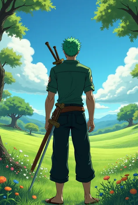 A man in open green fields. Animated like anime character zoro from one piece. Add some more details. Add trees and clothes 