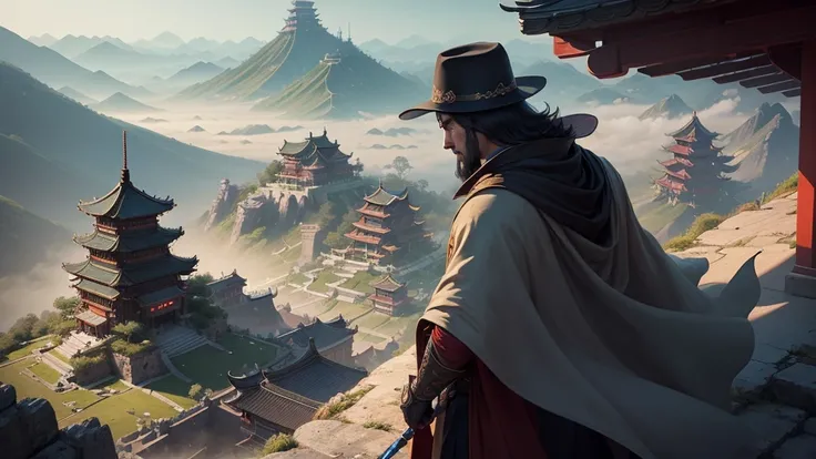 a man in a hat and cloak standing on a hill above a city, cyberpunk chinese ancient castle, beautiful render of tang dynasty, chinese fantasy, by Yang J, ross tran. scenic background, cgsociety and fenghua zhong, by Raphael Lacoste, style of raphael lacost...