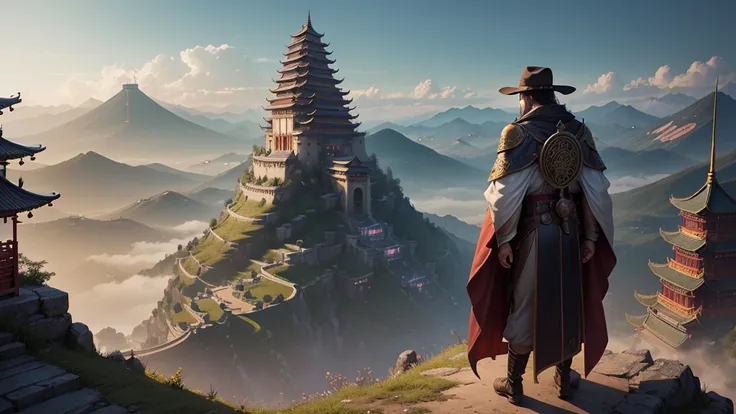 a man in a hat and cloak standing on a hill above a city, cyberpunk chinese ancient castle, beautiful render of tang dynasty, chinese fantasy, by Yang J, ross tran. scenic background, cgsociety and fenghua zhong, by Raphael Lacoste, style of raphael lacost...