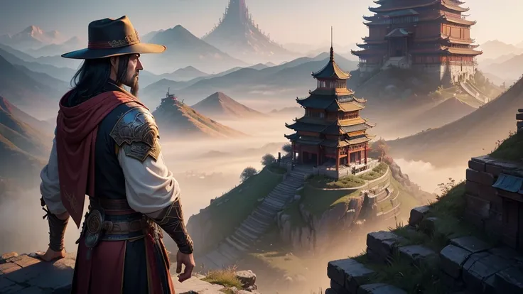 a man in a hat and cloak standing on a hill above a city, cyberpunk chinese ancient castle, beautiful render of tang dynasty, chinese fantasy, by Yang J, ross tran. scenic background, cgsociety and fenghua zhong, by Raphael Lacoste, style of raphael lacost...