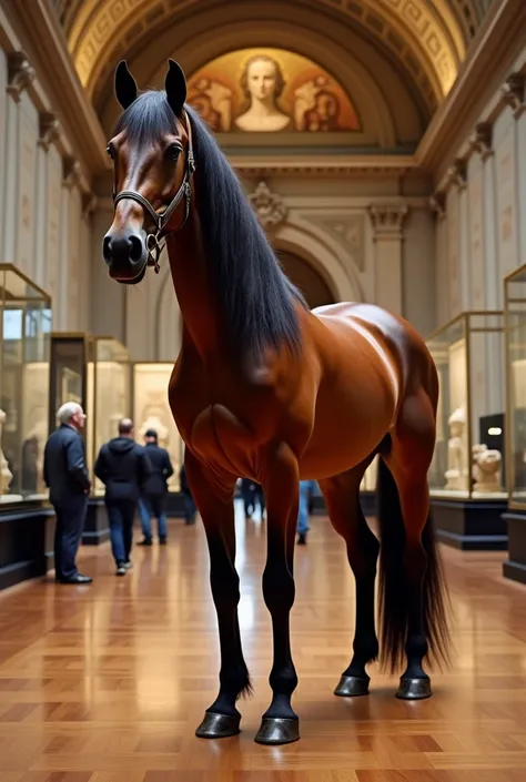 Create an image of a horse in a museum 
