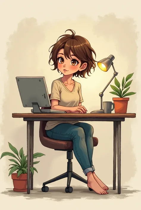 art mignon, art simple , femme, cheveux brun très court, un ordinateur sur un bureau, dessin