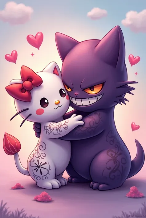 Gengar and hello kitty, pink iconic character, couple, Kiss, 2D, tattoo, devil, drawing
