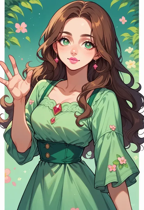 wavy long hair, brown hair, 1 girl, emerald eyes, waving two fingers, pink lips, pastel green dress,