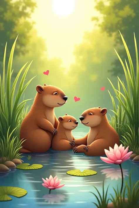 Family of 3 capybara drawing: 1 mother, 1 father and his son in a stream of water