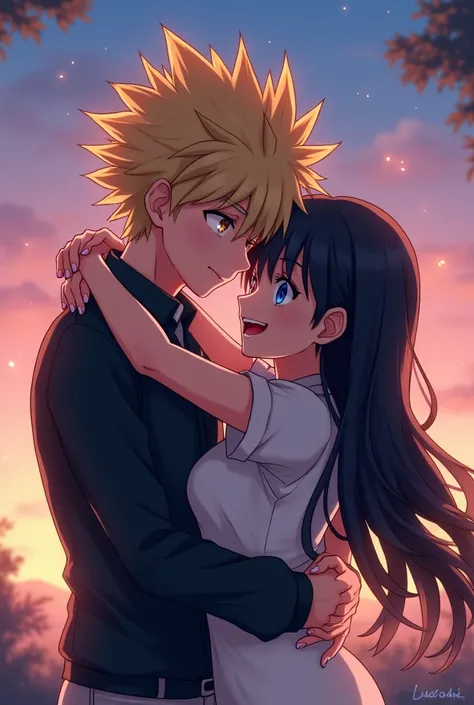 Adult Katsuki bakugo with a Young woman, long black hair, blue eyes, shorter than him and hugging each other like a photo selfie