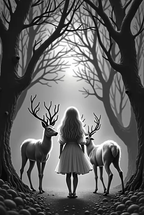 Girl with deer around in a dark black and white forest