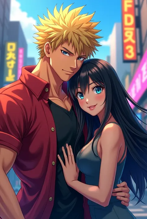 Adult Katsuki bakugo with a Young woman, long black hair, blue eyes, shorter than him and hugging each other like a photo selfie