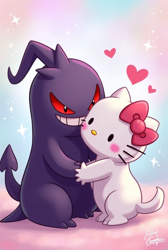 Gengar and hello kitty, pink iconic character, couple, Kiss, 2D, devil, drawing
