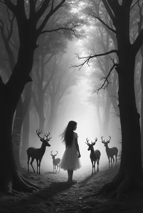 Girl with deer around in a dark black and white forest