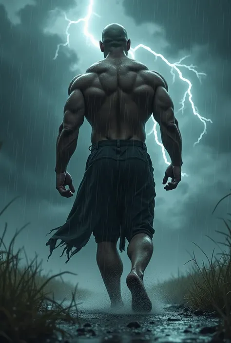 Generates a very strong bald endomorph man walking in a storm with his back turned without a shirt 