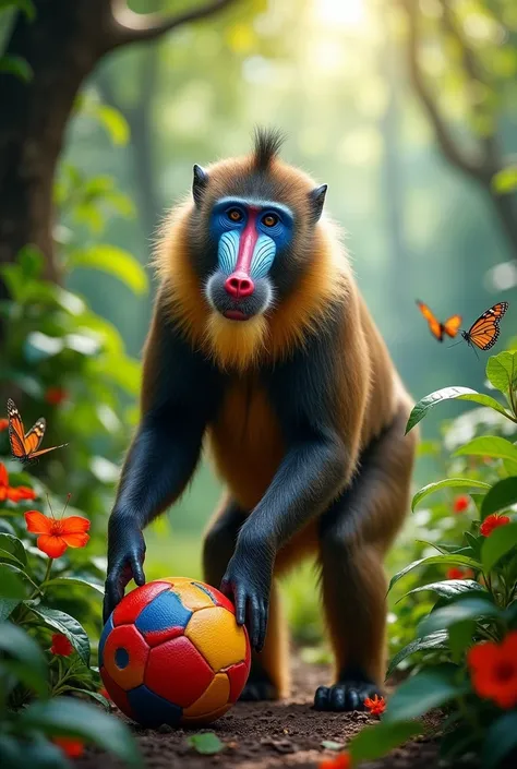 Mandrill with a ball at his feet