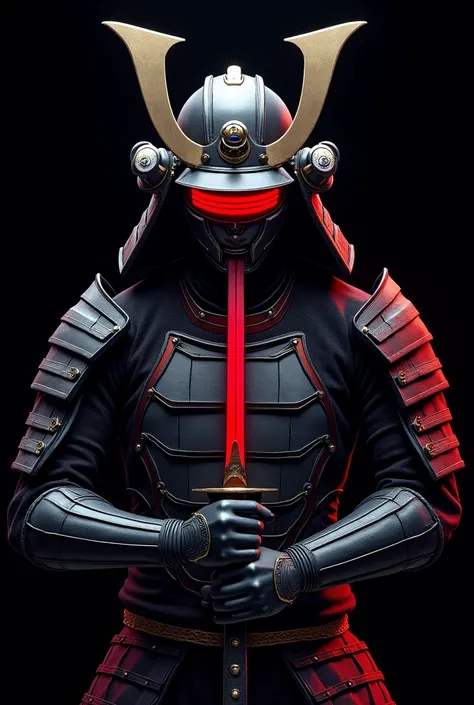 Image of a samurai with a red band covering his eyes on a black background. It is a samurai who has a sword near his neck. A large sword can only be seen from his torso up in an anime style with a futuristic mecha. His sword is red and the red bandage cove...