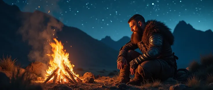 weary warrior resting near bone fire at night 