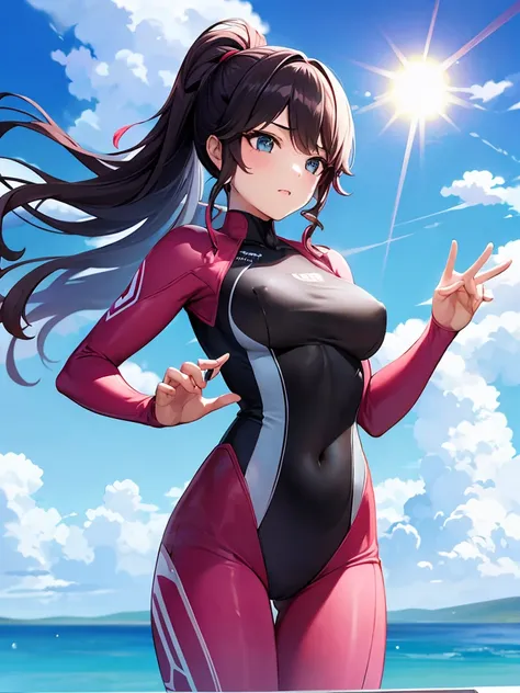 （（super high quality,Ultra-high resolution,16K,super masterpiece,Ultra HD,Ultra high definition,））One Girl,Pink wetsuit,Open chest,a blue sky with clouds and sun,