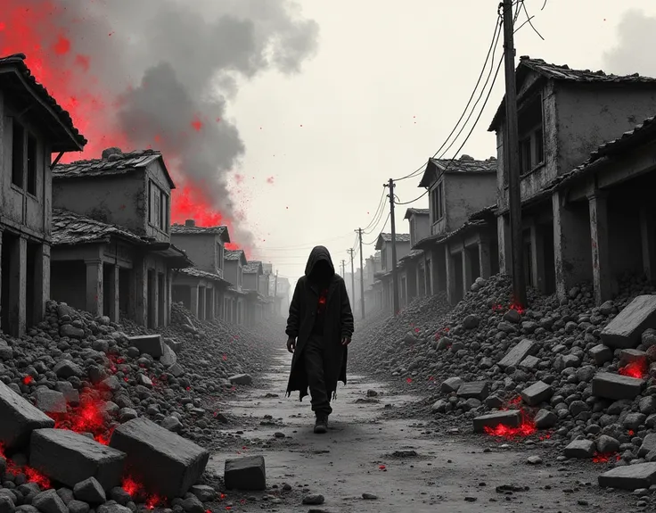 A bombed village, explosions and fire are seen, the image is in black and white, with red details, the type of image is comic noir style