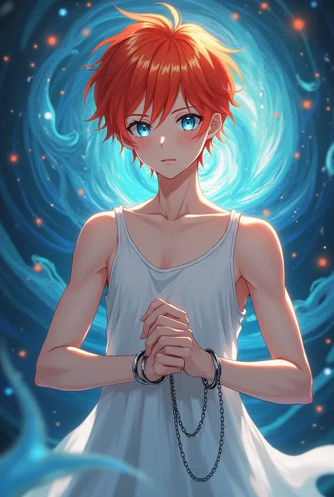 Realistic, (Masterpiece, Top Quality, Best Quality, Official Art, Beautiful and Aesthetic: 1.2), Very Detailed, Fractal Art, Colorful,  anime BOY red orange hair icy blue eyes in white night gown both hands in chains  pale skin pretty 
