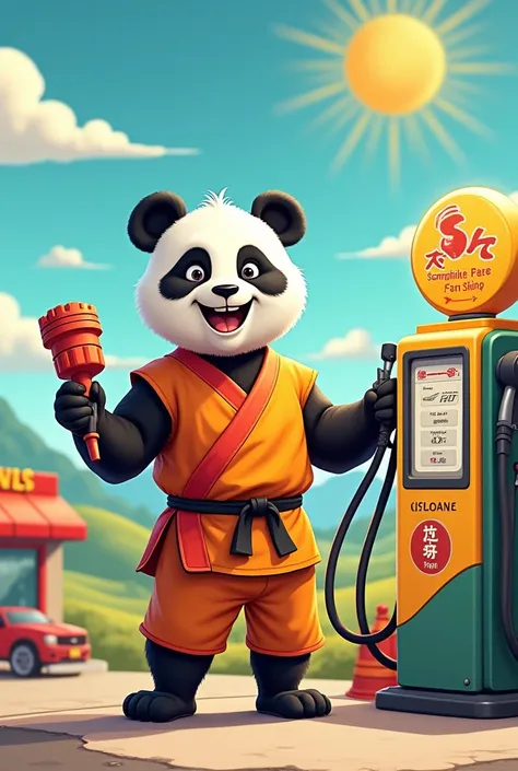 Kunfu panda cartoon selling gasoline at a pump 