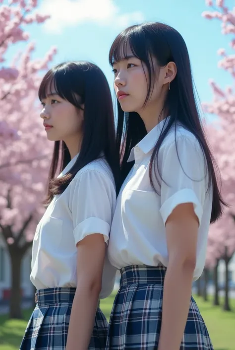 Japanese high school girl with straight black hair。

The uniform is a white shirt, giving it a realistic, photo-like feel.。
The skirt is checkered in light blue, navy blue, and gray.。
Her skirt is above the knees, her hair is waist-length, her bangs are ne...