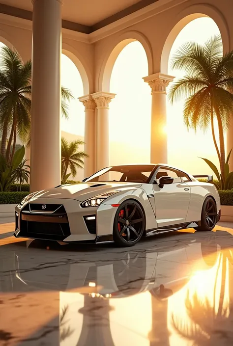 A stunning, high-quality render of a pearl white Nissan GT-R, showcased in a luxurious room with floor-to-ceiling windows. The cars sleek, wide-body design and chrome highlights are accentuated by the vibrant sunlight, which streams in and creates a golden...