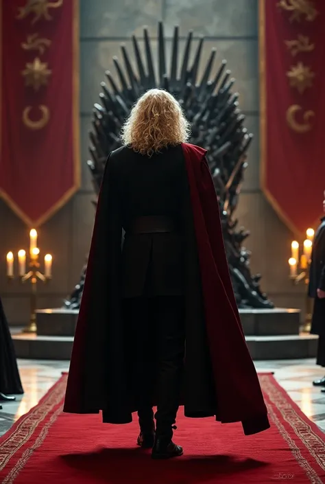 A handsome Aesthetic Targaryen Prince with long curly platinum blonde hair, hes wearing a royal black Cotton hard Prince Costume with Dark Red cloak on his right back shoulder, Hes walking to Iron throne on a large throne room, Targaryen banners on wall