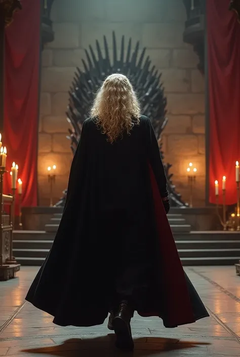 A handsome Aesthetic Targaryen Prince with long curly platinum blonde hair, hes wearing a royal black Cotton hard Prince Costume with Dark Red cloak on his right back shoulder, Hes walking to Iron throne on a large throne room, Targaryen banners on wall