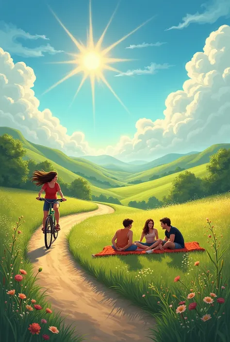 Make me a landscape where there is a person riding a bicycle and there are also three more people enjoying the countryside., put a big sun and some clouds 