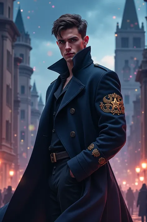 Young man, trench coat, officer, captains arm band, mage.