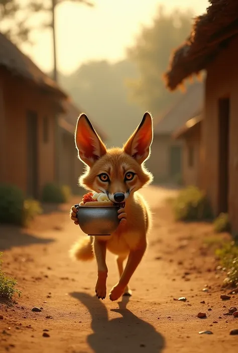 A mischievous jackal sneaking through a village, having just stolen a pot of curds and a piece of meat. The jackals eyes glint with slyness as it carefully carries the stolen items in its mouth, moving swiftly through the village with small houses in the b...