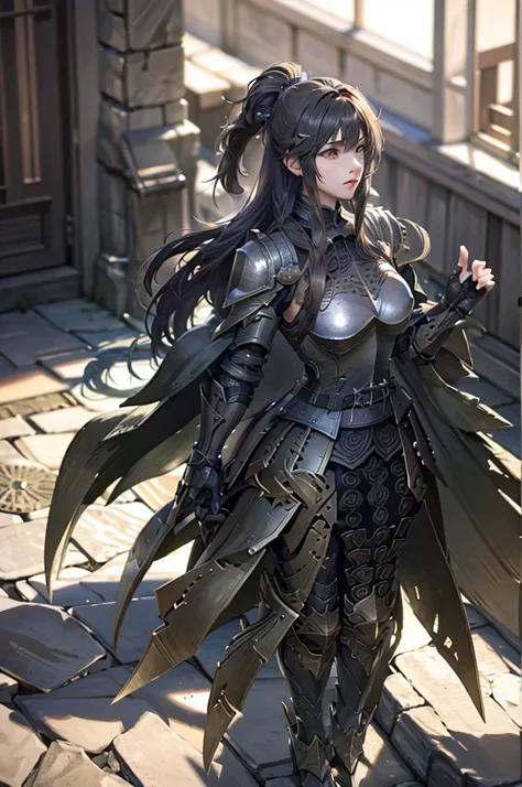 A beautiful girl in armor standing on a path near a lake, hxarmour, 1 girl, armour, (black armour:1.3), mountain, walking, big rounds breasts, intimidating look, glossy lips, dark brown hair, long bangs, long hair, ponytail, wavy hair, expressive hair, shi...