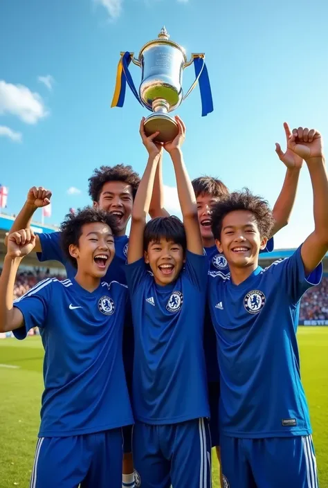 4 asian boys soccer players, wearing Chelsea FC jersey, curly black hair and straight black hair, celebrating on the football field, big smile, cup holder