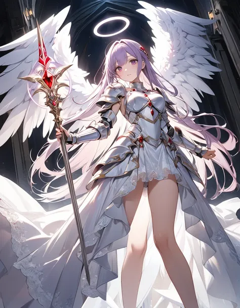 8k, Highest quality, masterpiece, Ultra-high resolution, Fantasy、One Woman、Knight of Angels、(Halo Long Hair White Wings)、(Light purple clear armor, white lace dress, red jewel)、(holding light spear)、From below、