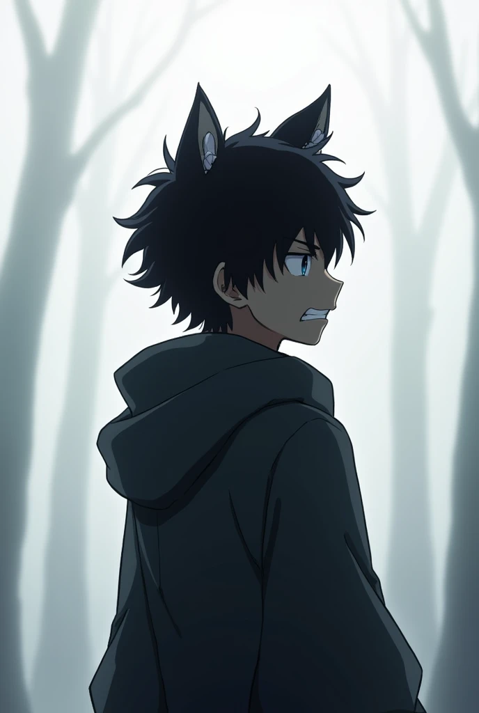 Black Hair, Back view, Wolf Ears, Grit your teeth, Simple Background,
anime, male