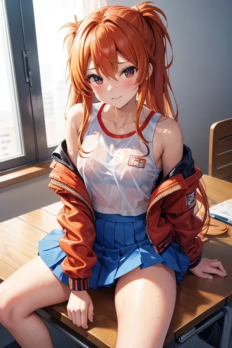 Shikinami Asuka Langley, Jacket, Cheerleader, Ultra mini skirt, Wet and see-through costume, Sit at a desk, Wide legged,  Sweat, Panties,