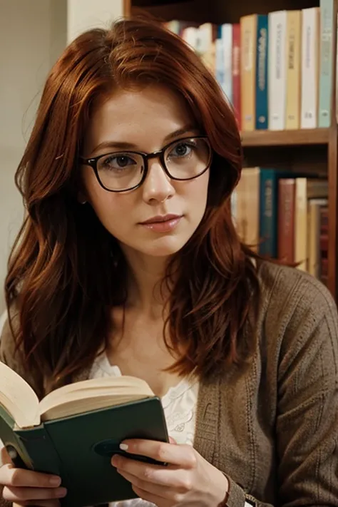 Redhead woman with reading glasses and casual clothes is focused on reading a book in the foreground. 