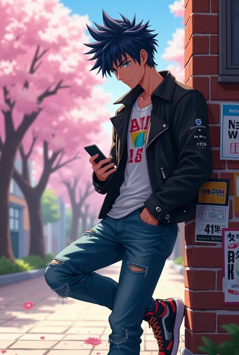 90s anime art style for college boy ( main character)  cool looking 
