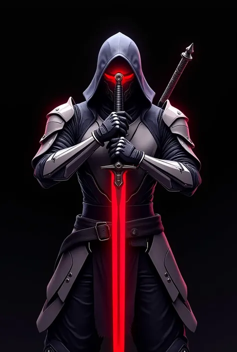 Image of a samurai with a red band covering his eyes on a black background. It is a samurai who has a sword near his neck. A large sword can only be seen from his torso up in an anime style with a futuristic mecha. His sword is red and the red bandage cove...