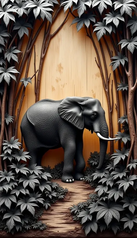 A full background image of a majestic elephant walking through dense jungle foliage in a wood carving style. The elephant silhouette is carved from rich mahogany wood, showing the roughness of the elephant&#39;s skin. The image must use black and white woo...