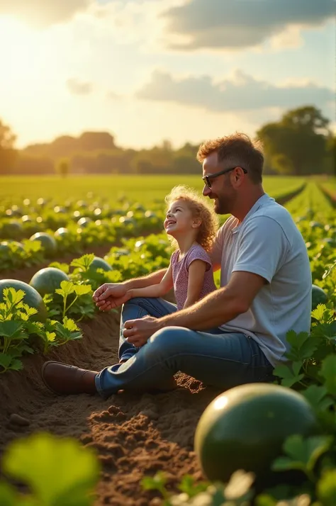 Inside a field where crops are grown, potatoes are being cultivated and even watermelons are being cultivated. Inside such a field, a farmer and his  are sitting holding her fathers hand with a dreamy smile on their faces