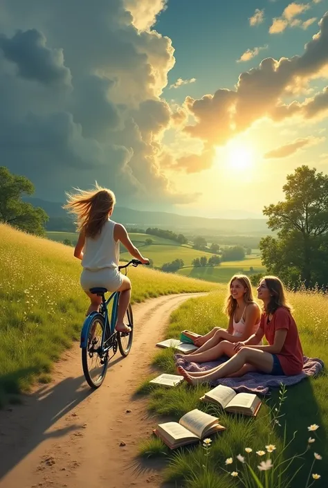 Make me a landscape where there is a person riding a bicycle and there are also three more people enjoying the countryside., put a big sun and some dark clouds, that there are also books and music 