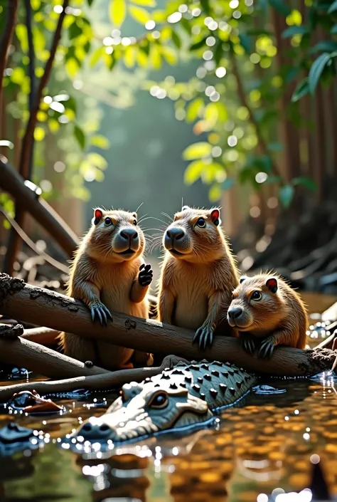 creek with little water full of broken sticks with 1 capybara stuck in it, with a crocodile stalking him and 2 capybara friends helping him, all with expressions of terror