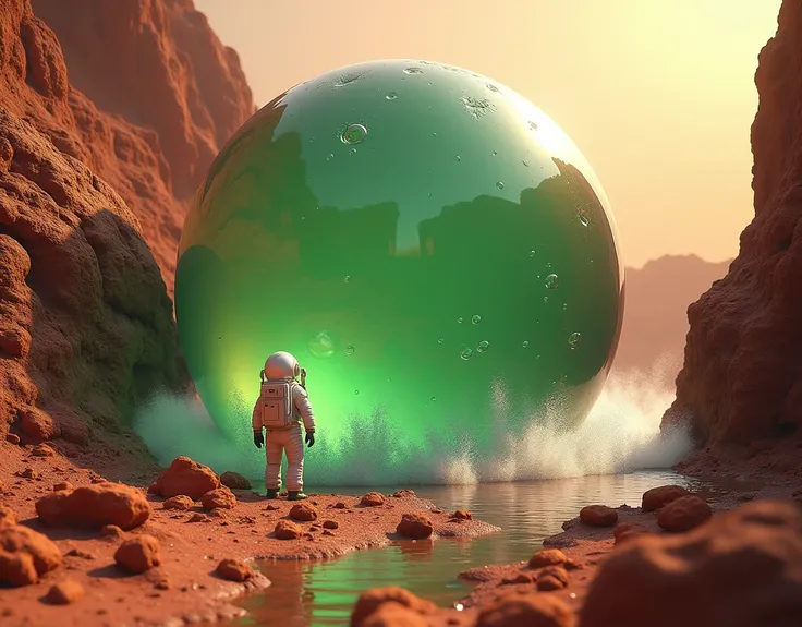 there is a semi transparent, veiny texture, green bubble, growing in a rift between two Martian land masses, the bubble anchored itself to rift walls, the bubble is budging out of the rift, astronauts are witnessing it for the first time, ethereal rainbow ...