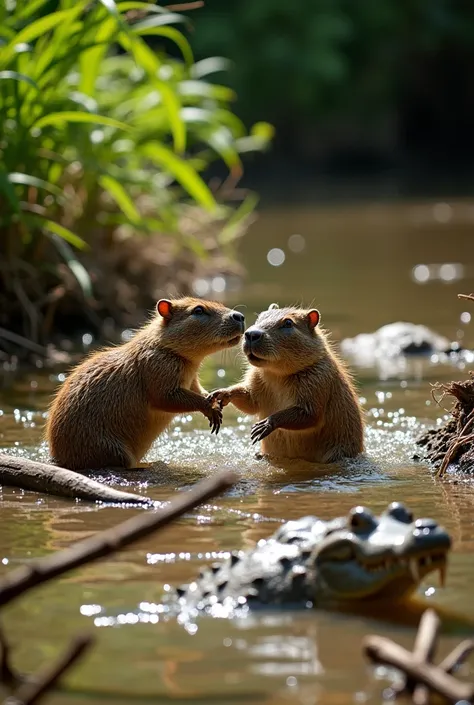 creek with little water full of broken sticks with 1 capybara stuck in it, with a crocodile attacking the capybara and 2 capybara friends helping him, all with expressions of terror