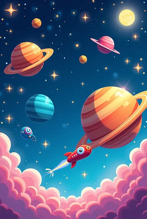 Generate a vibrant, cartoon-style universe scene. it should include stars and  planets  The overall mood is playful