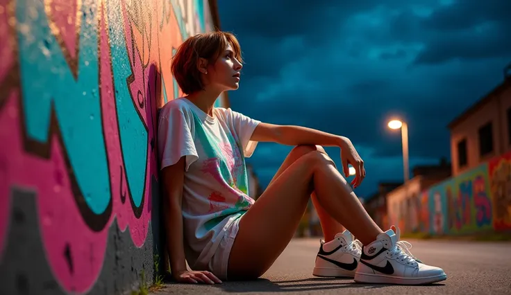 Animated woman wearing an oversized T-shirt and sneakers with her lower body uncovered leaning against a wall full of graffiti at night