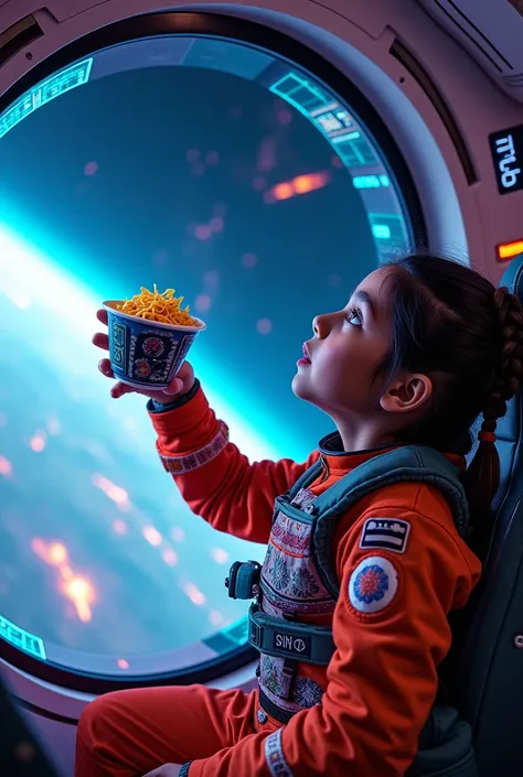 Mexican astronaut girl sitting in a cockpit of an spaceship with a view of the earth, surprised for cup of noodles floating because of cero gravity, cyberpunk style