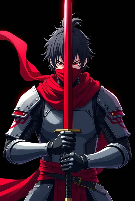 Image of a samurai with a red band covering his eyes on a black background. It is a samurai who has a sword near his neck. A large sword can only be seen from his torso up in an anime style with a futuristic mecha. His sword is red and the red bandage cove...