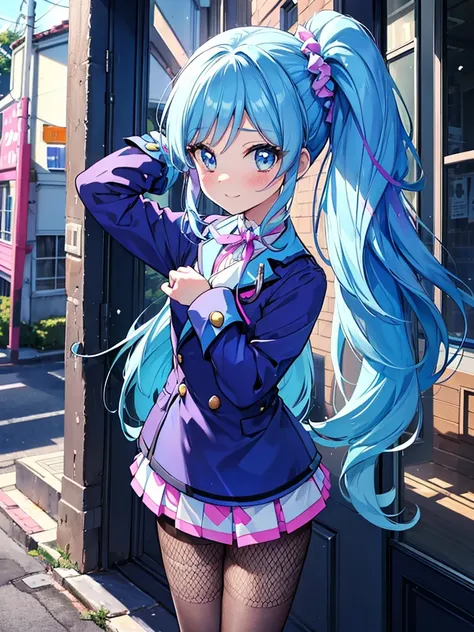 aikatsu,side_Ponytail,Blue HAIR,(nsfw:0.7),realism, (realistic:0.85), illustration, (old city:1.1), flasher, public indecency,  💫👧💖 is (standing:1.3) and wearing [harajuku school uniform:(kawaii pattern on clothes:1):(accessories on clothes:1.5):0.3], (cut...