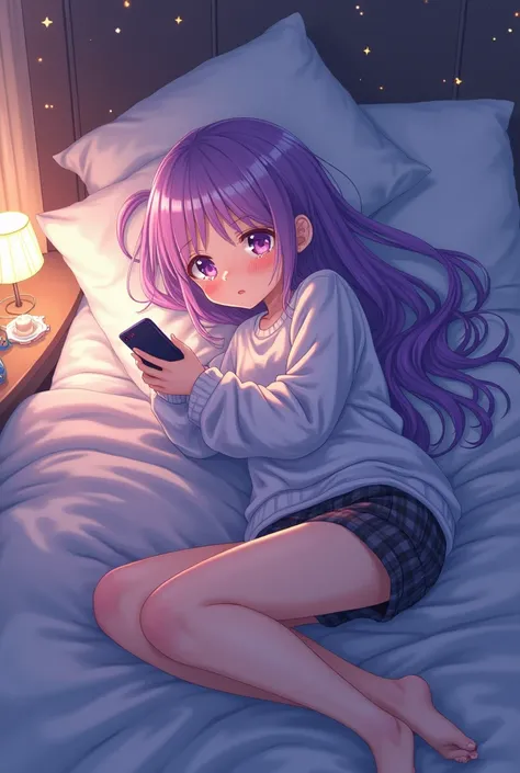 SEXY ANIME GIRL LYING DOWN LOOKING AT HER PHONE WHILE CRYING 